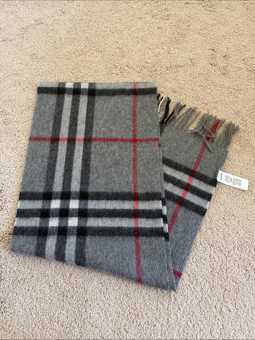 Burberry Grey Plaid Scarf with Black and Red Stripe